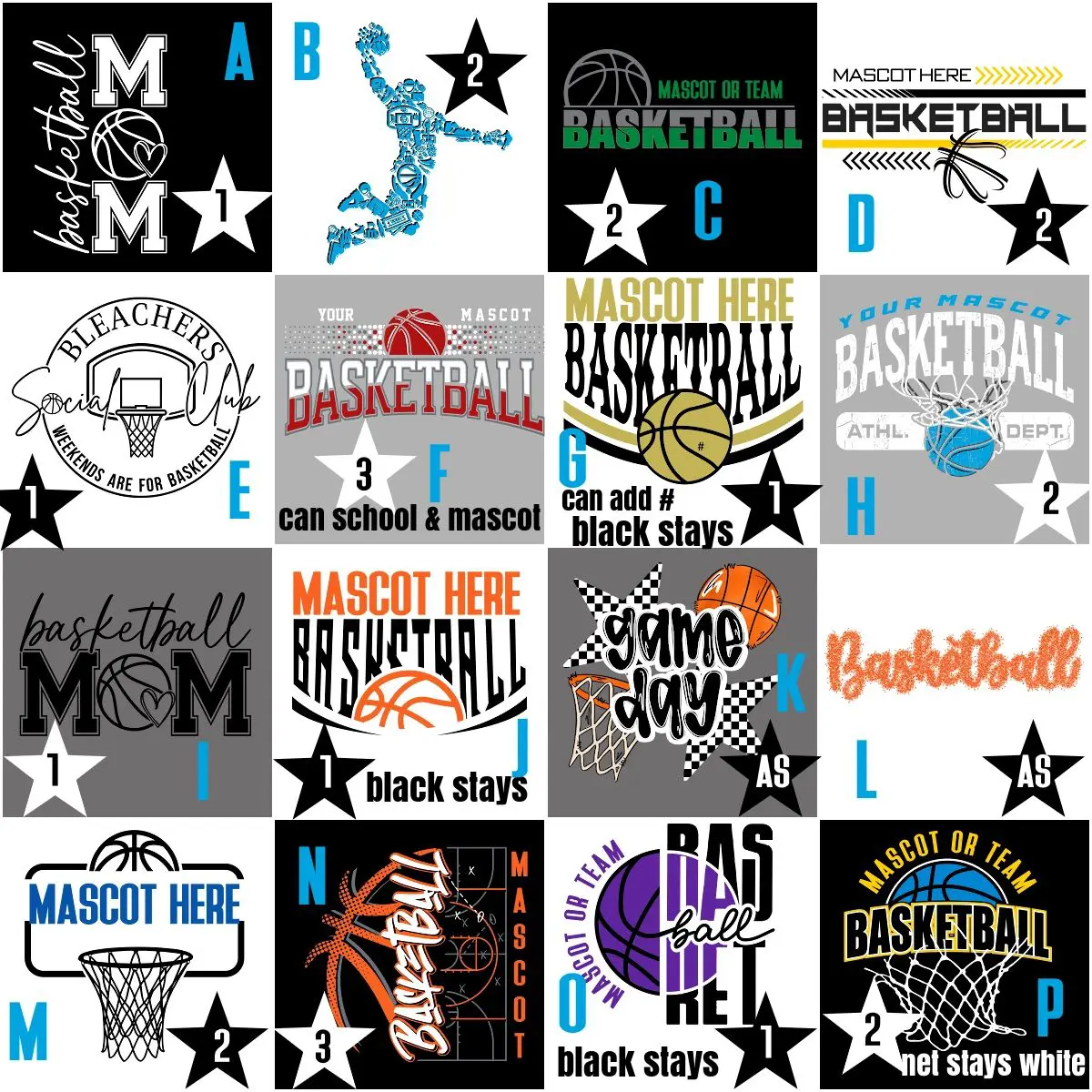 A series of basketball shirts with different designs.