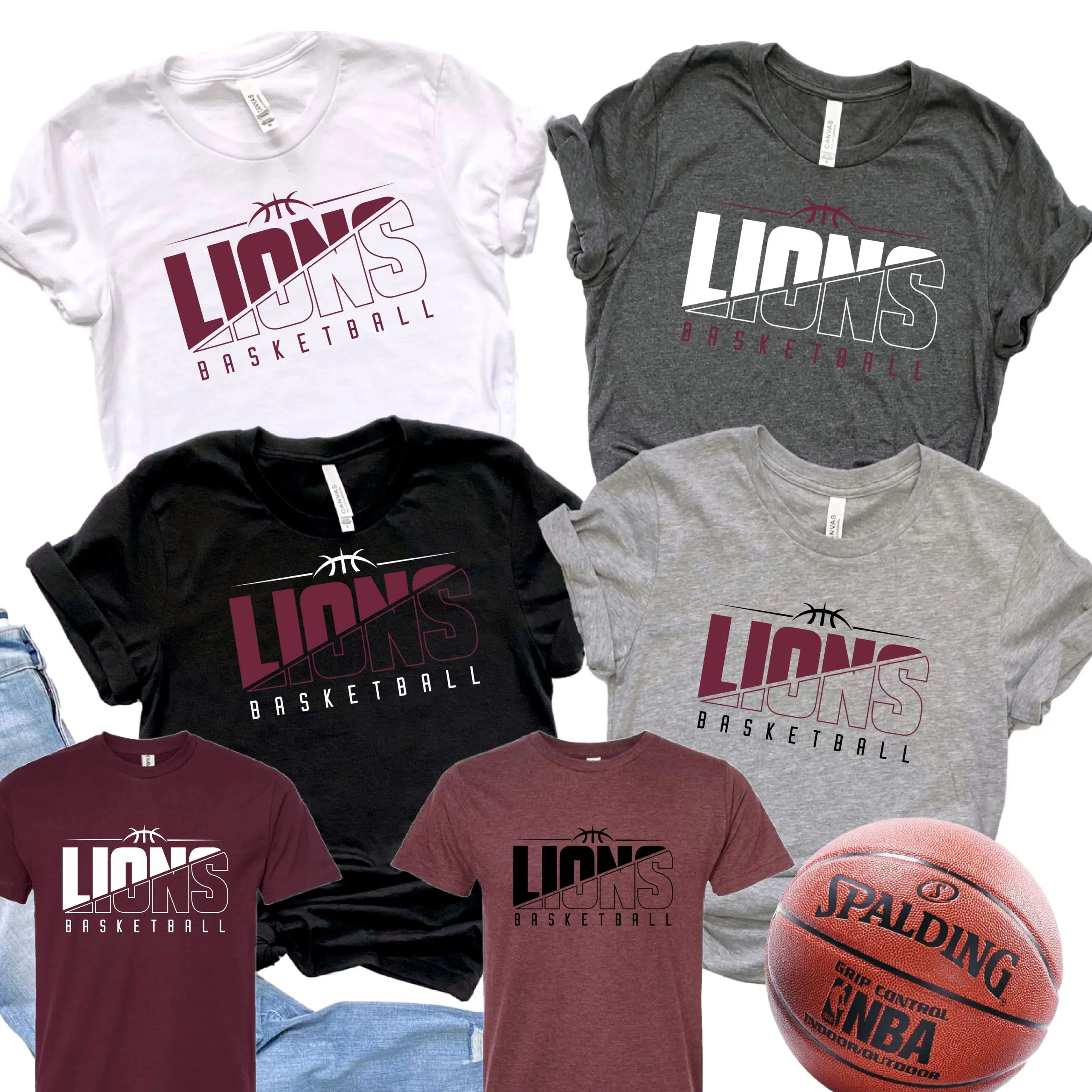 A group of different colored shirts and a basketball.