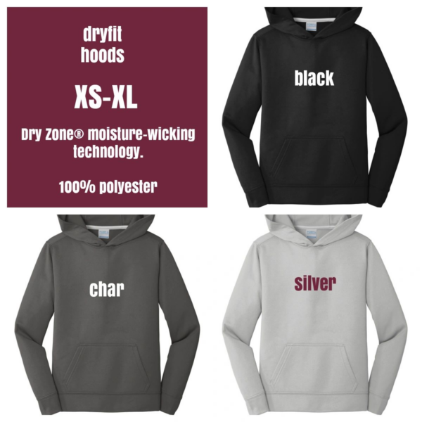 A group of different colored hoodies with the words dryfit hoods.
