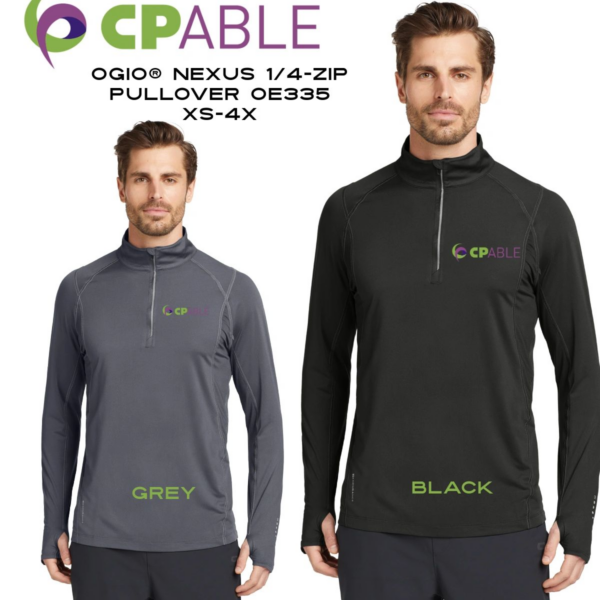 A couple of men wearing black and grey shirts.