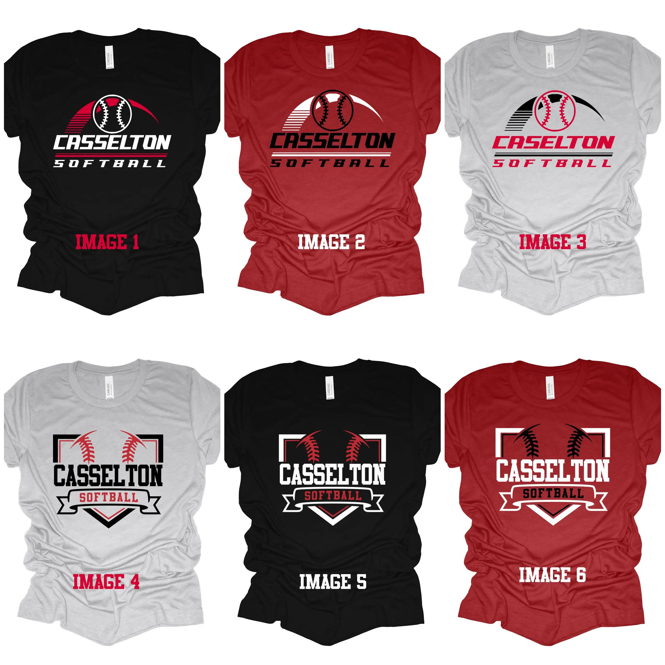 A series of six different shirts with various designs.