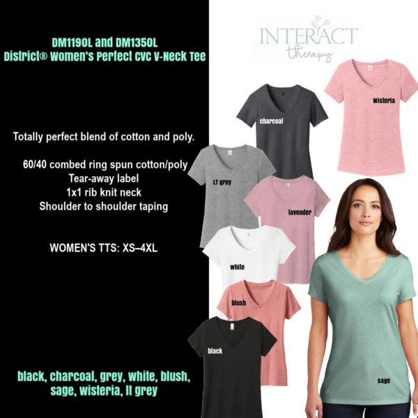 A women 's v-neck t-shirt with different colors of shirts.
