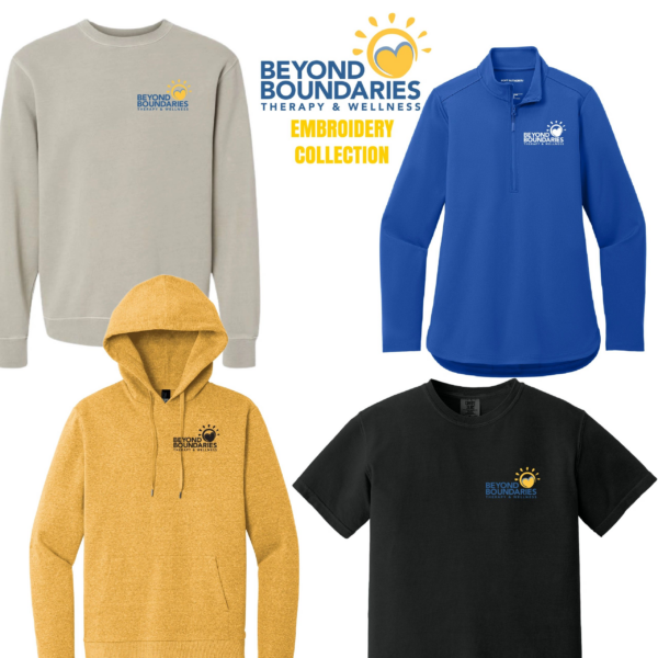 A group of four different colored shirts and hoodies.