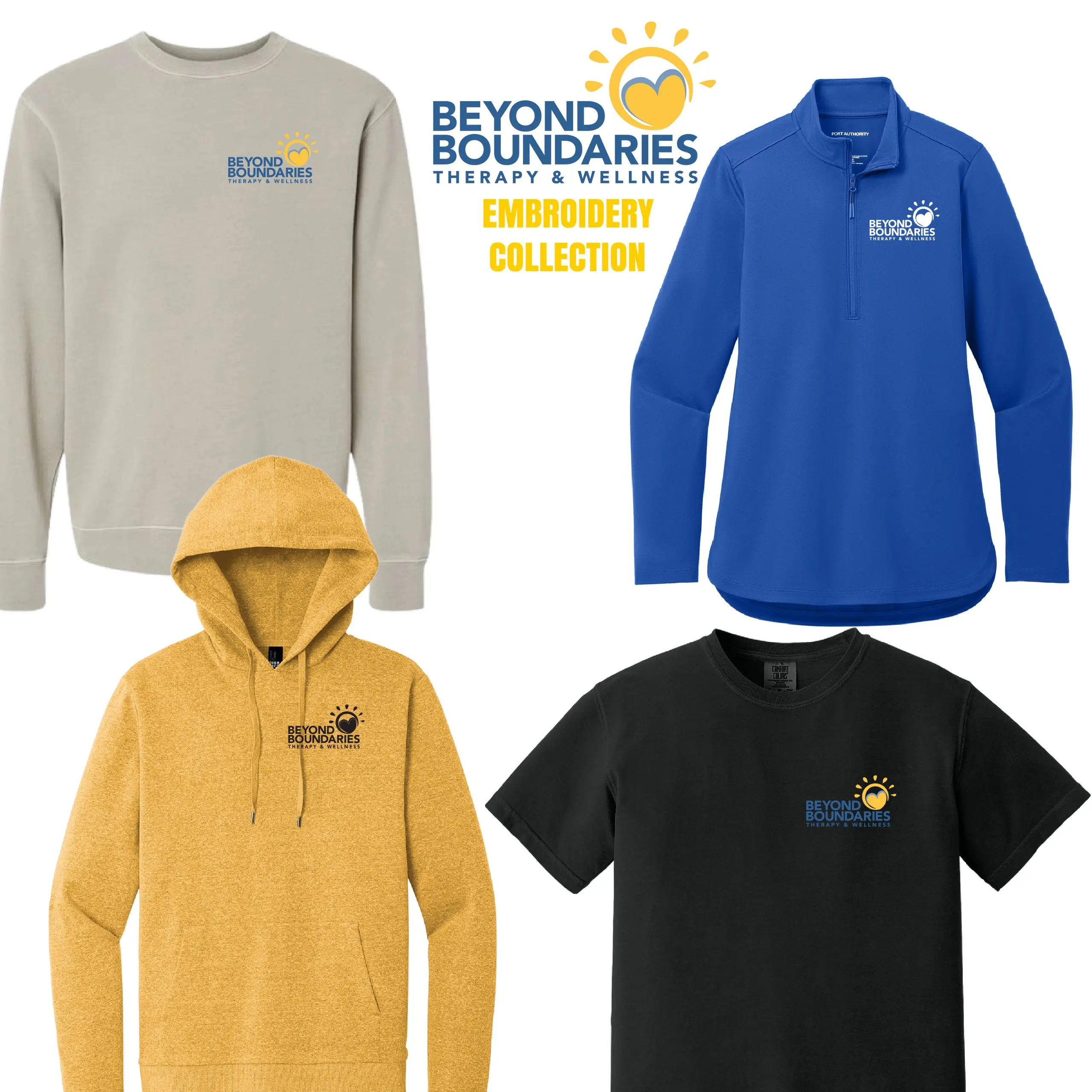 A group of four different colored shirts and hoodies.