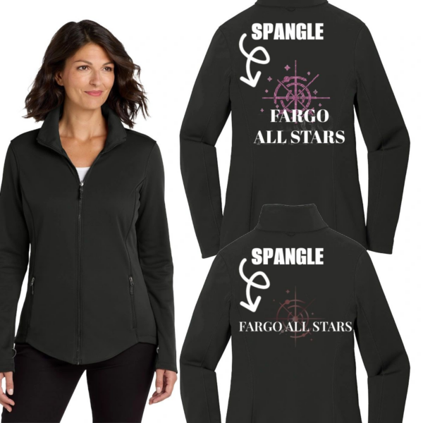 A woman wearing black jacket with the word " spangle " on it.