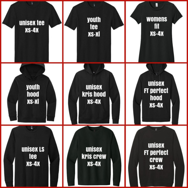 A bunch of different types of shirts and hoodies