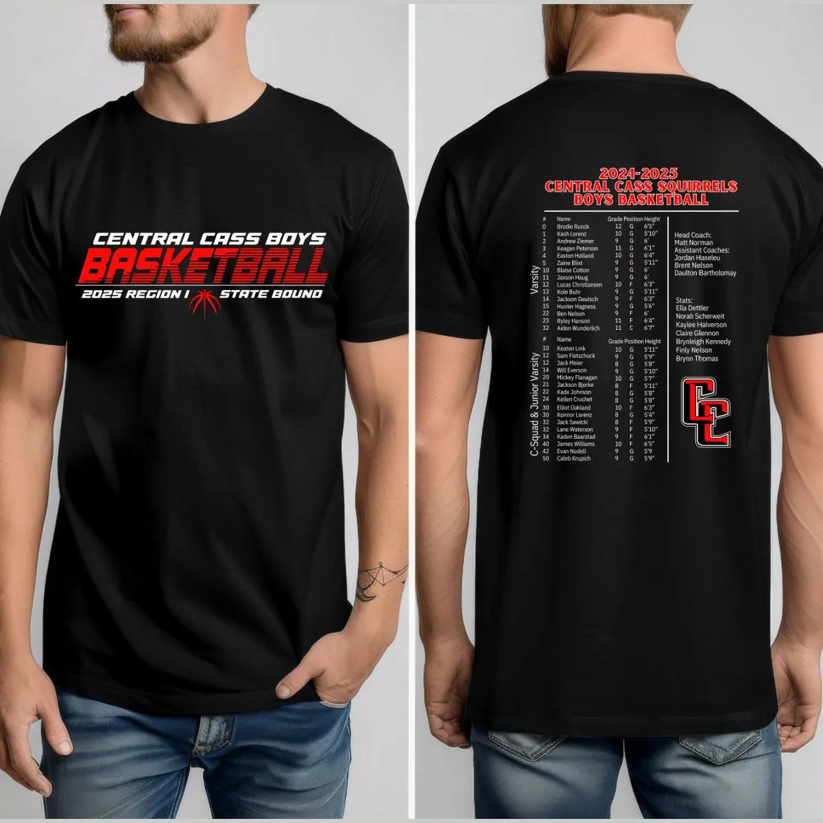 A black t-shirt with the central coast boys basketball team schedule on it.