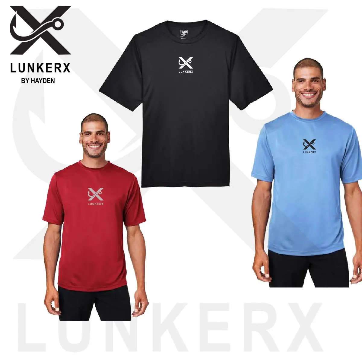 Three men wearing different colors of shirts.