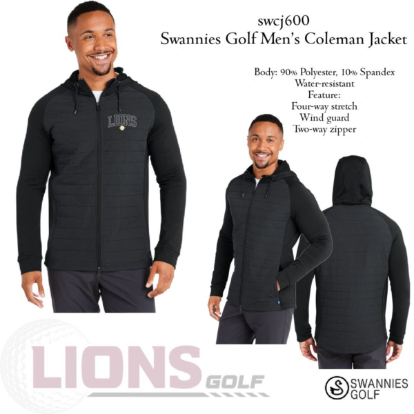 A man wearing a black jacket with lions golf on it.