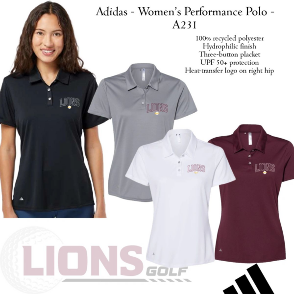 A group of women 's polo shirts with lions golf logo.