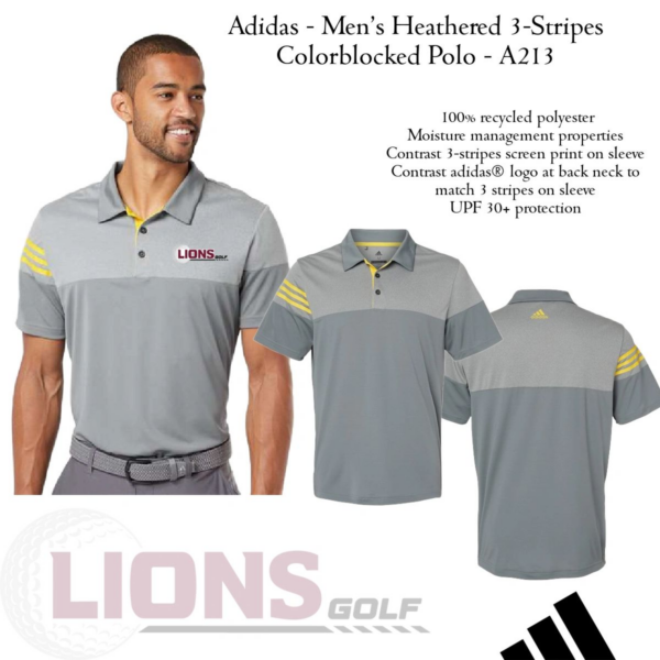 A gray and yellow adidas polo shirt with the words " men 's heatland 1-stripes colorblocked polo ".