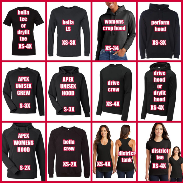 A bunch of different types of shirts with the words hello is.
