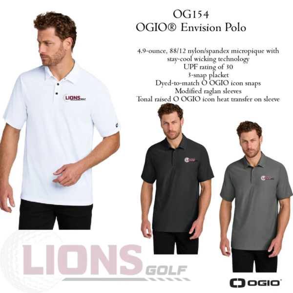 A group of three men wearing different colored polo shirts.