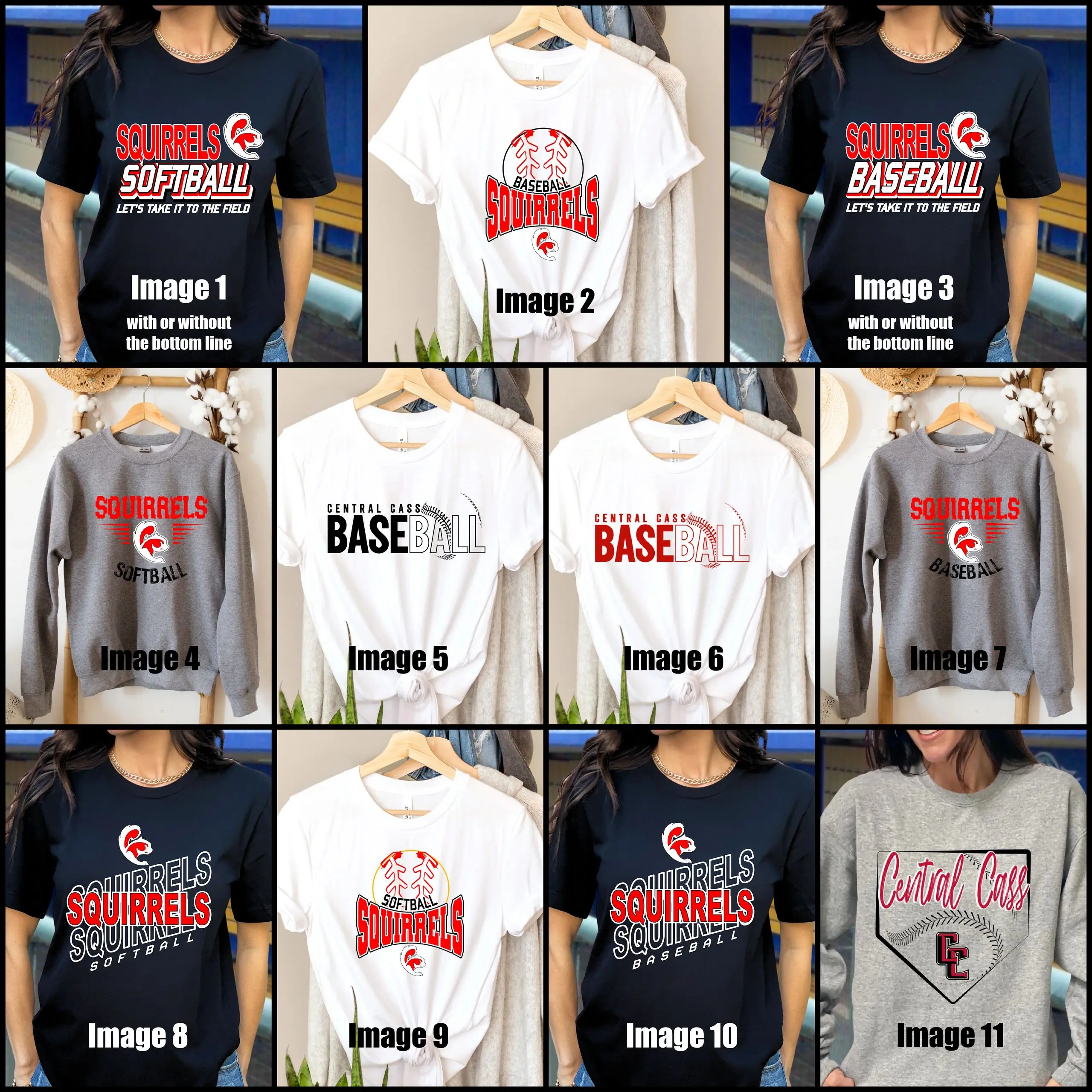 A bunch of different baseball shirts and hats
