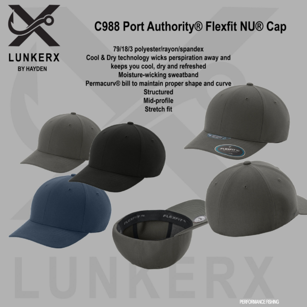 A group of different hats with the words " c 9 6 8 port authority flexfit nui cap ".