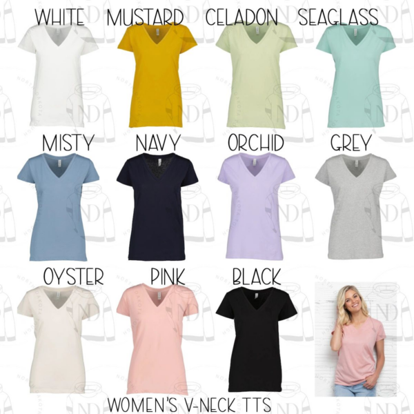 A variety of colors of women 's v-neck t-shirts.