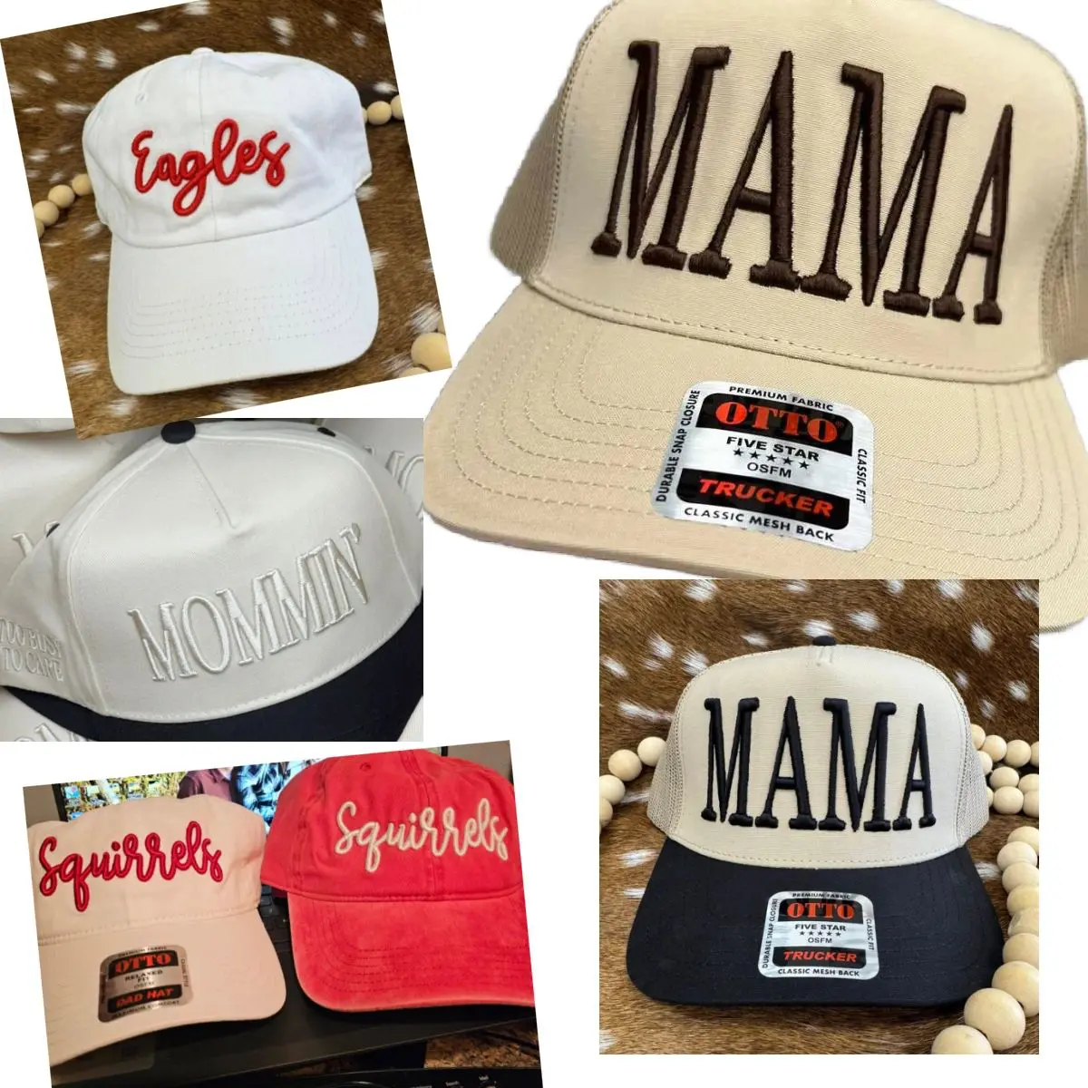 A collection of hats with the word mama written on them.
