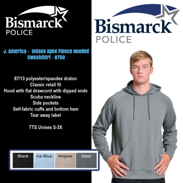 A man wearing a gray hoodie with the words bismarck police on it.
