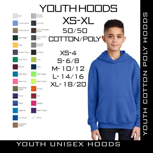 A boy wearing a blue hoodie with many colors.