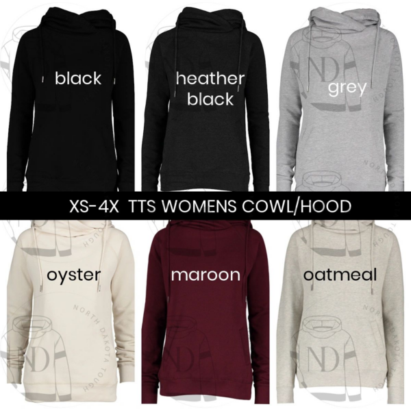 A bunch of different colors of hoodies with the words " women cowl hood ".