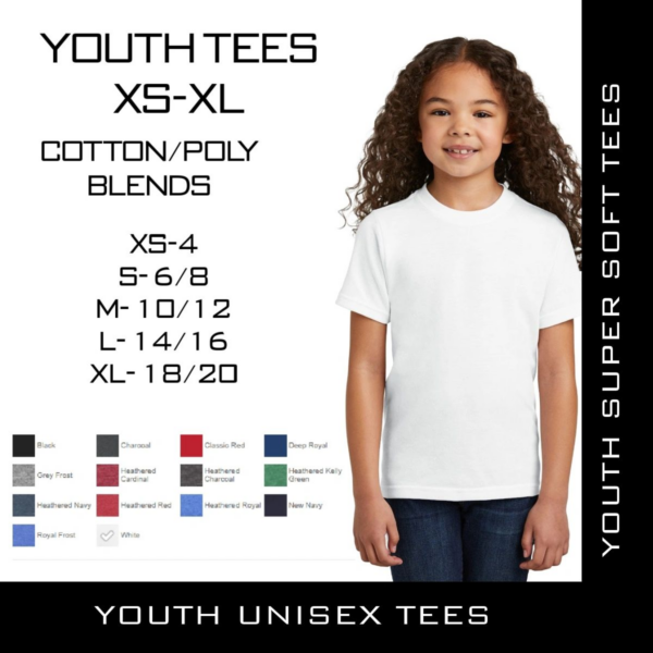 A girl wearing white shirt and jeans with text that reads youth tees xs-xl.