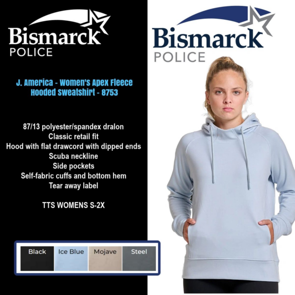 A woman wearing a blue hoodie with the words bismarck police on it.