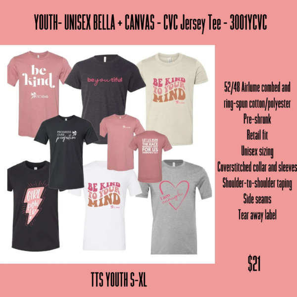 A pink and black shirt with the words youth-unsex della, canvas, etc.