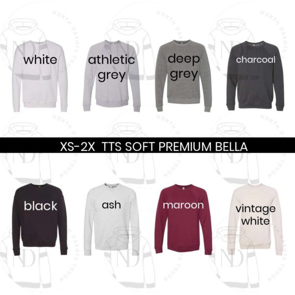 A bunch of different colored shirts with the words " xs-2 x tts soft premium bella ".
