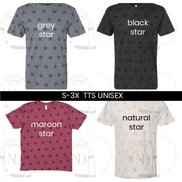 A group of different colored shirts with the words " gray star ", black star, maroon star and natural star.