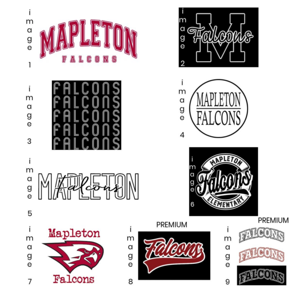 A bunch of different logos for the mapleton falcons