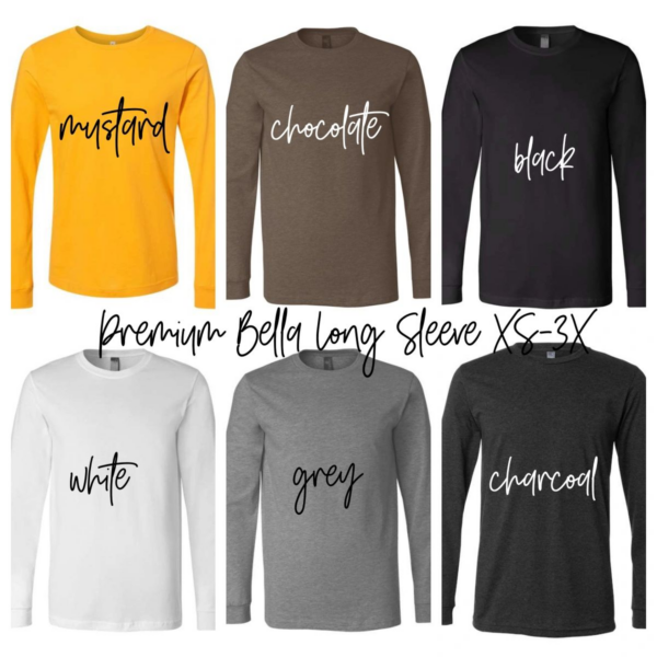 A group of six long sleeve shirts with different colors.