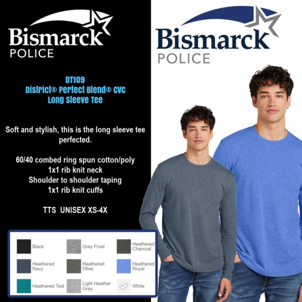 A man wearing a long sleeve shirt with the words bismarck police on it.