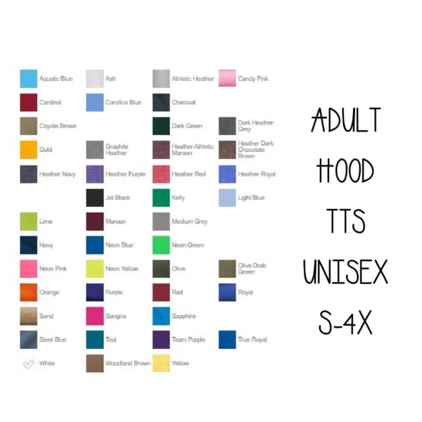 A color chart of all the colors in adult hoods.