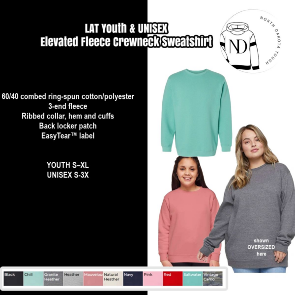 A woman wearing a sweater with the words " let youth & uneek elevated fleece crewneck sweatshirt ".