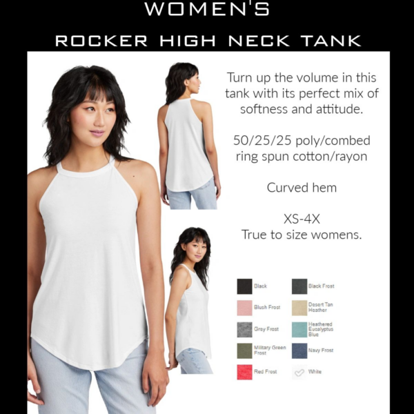 A woman wearing a white tank top and black pants.