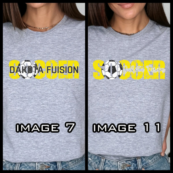 A person wearing a t-shirt with the words dakota fusion on it.