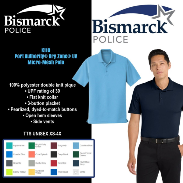 A man wearing a blue shirt and black pants.