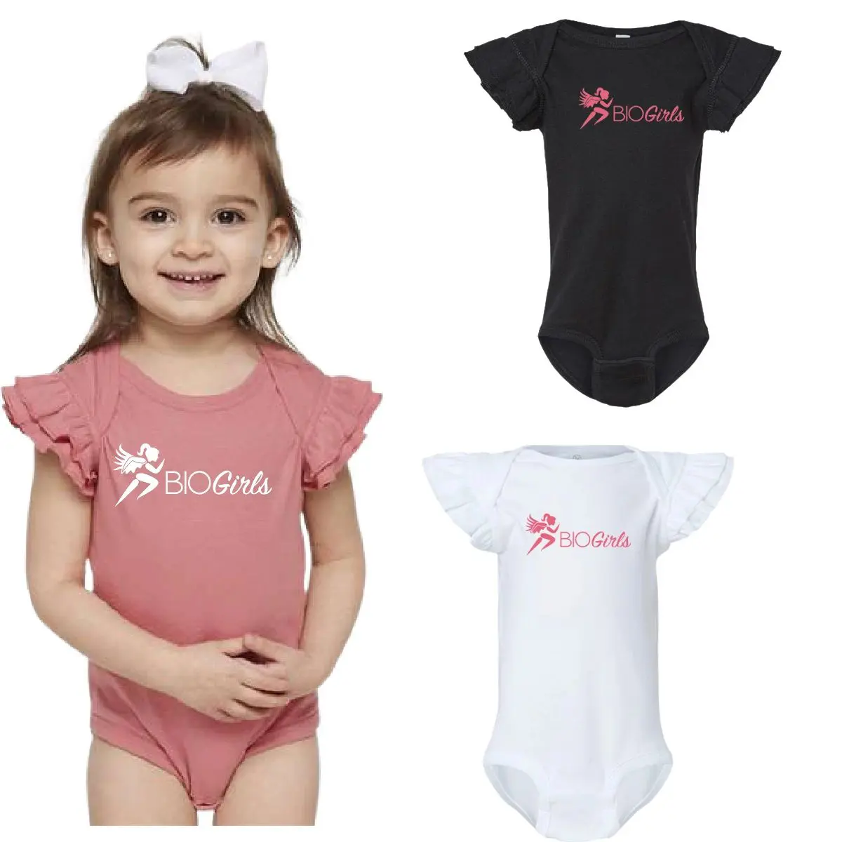 A girl wearing three different colored bodysuits.