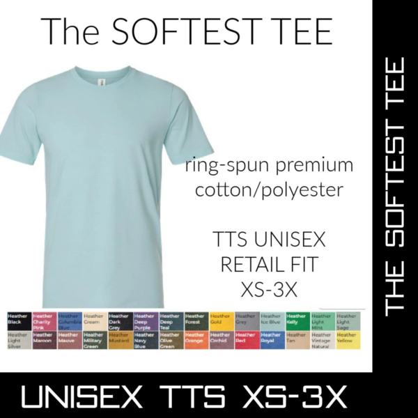 A light blue shirt with many different colors of shirts.