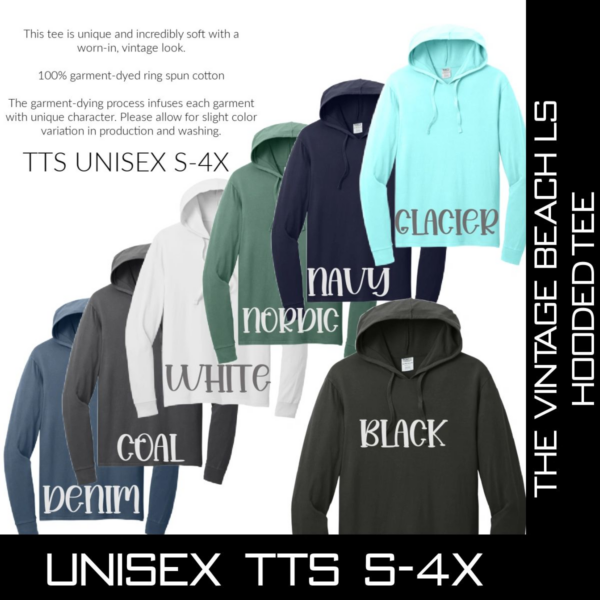A bunch of different colored hooded shirts with the words " unisex tts s-4 x ".