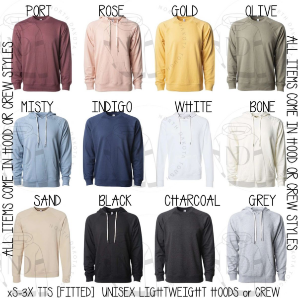 A color chart of different colors and sizes of hoodies.
