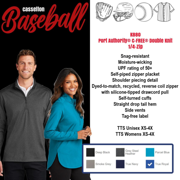 A man and woman wearing baseball uniforms.