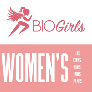 A pink and white logo for women 's clothing brand biogirls.
