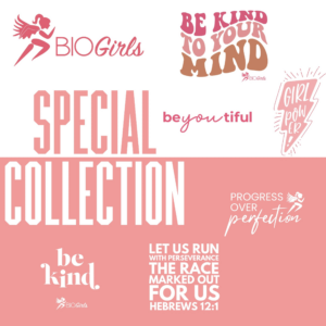 A pink background with various words and designs.