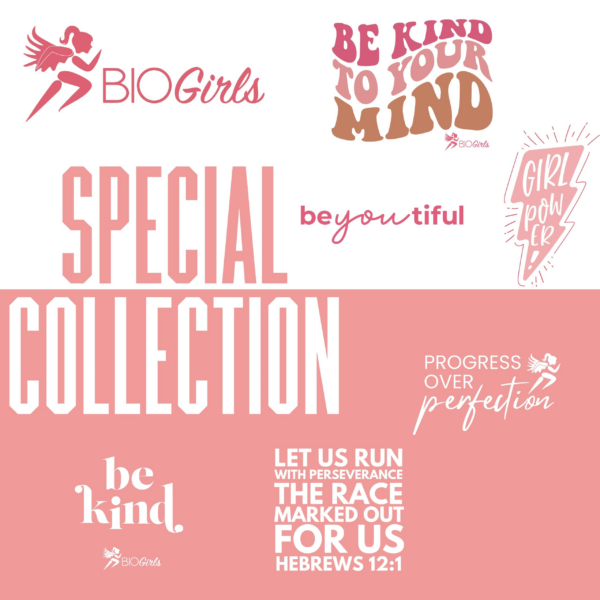 A pink background with various words and designs.