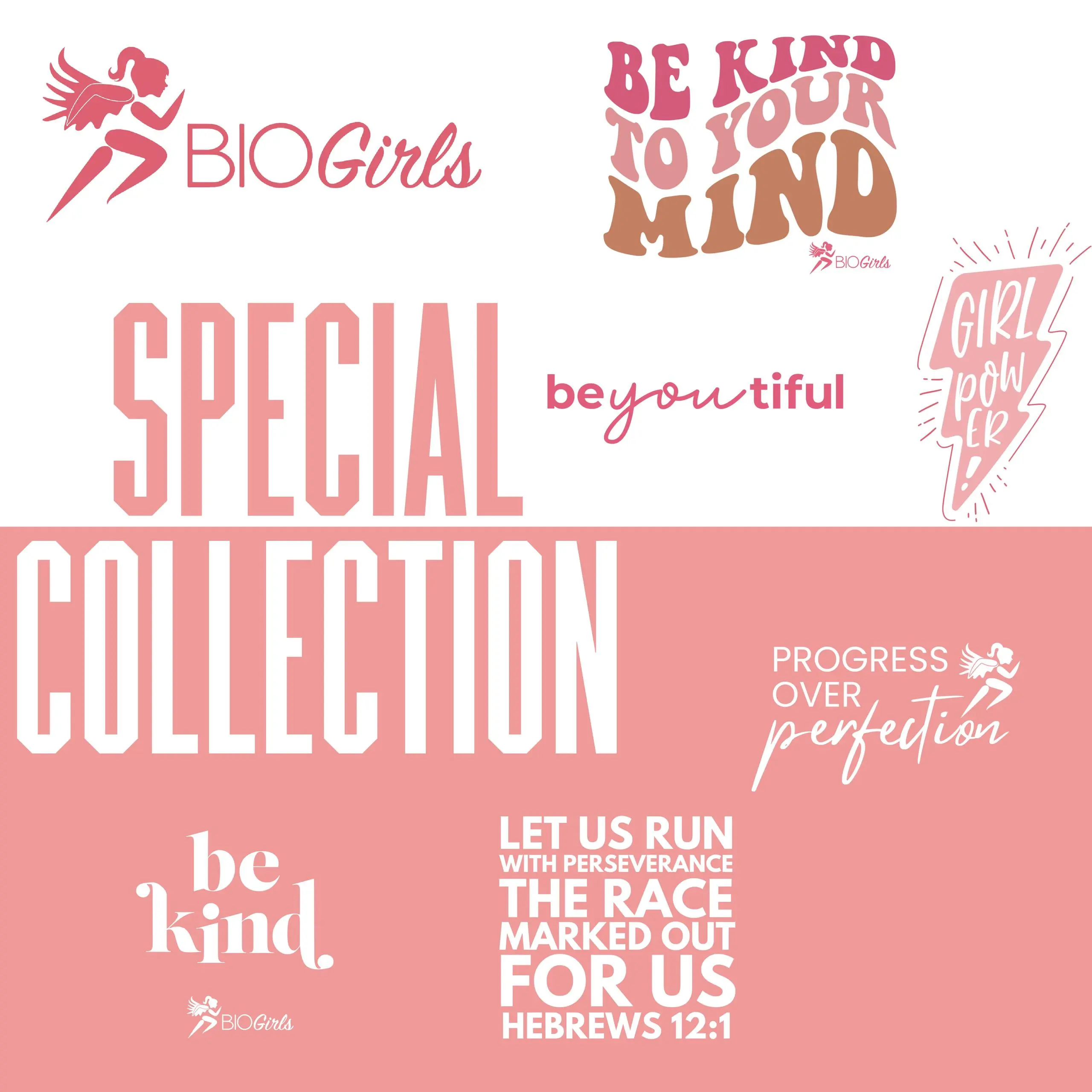 A pink background with various words and designs.