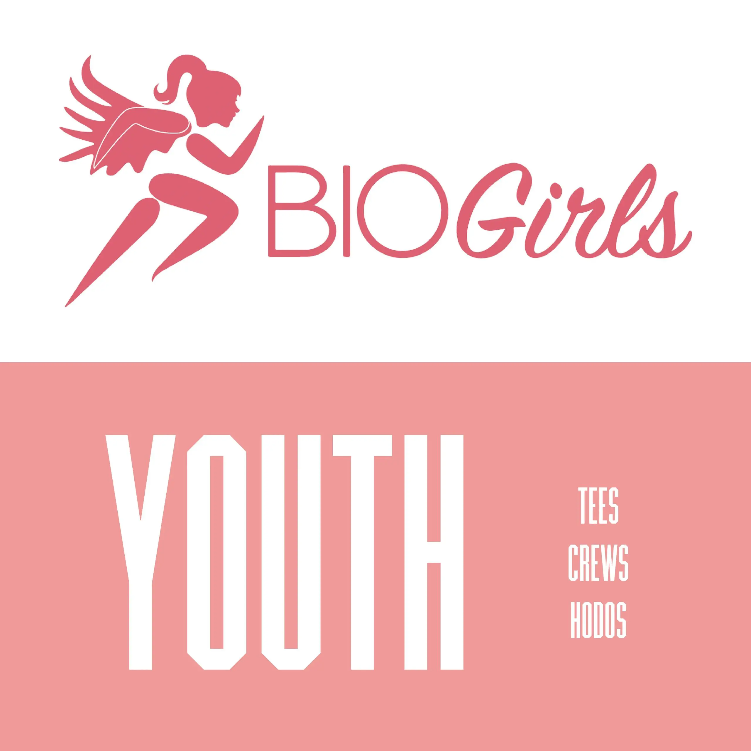 A pink and white logo for biogirls youth.