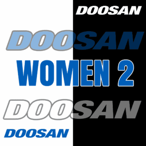 Doosan Women 2 text on split background.