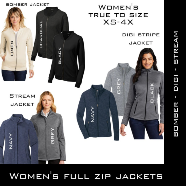 A group of women 's full zip jackets with different designs.