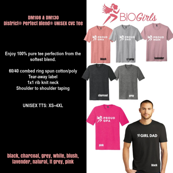A group of different colored shirts with the words bio girls on them.
